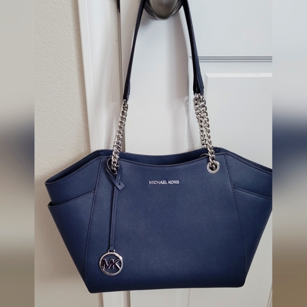 Michael Kors Navy blue, large shoulder tote bag w/ silver hardware.